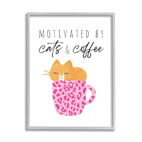 Stupell Industries Cats and Coffee Motivation Pink Cheetah Print Mug Framed Wall Art